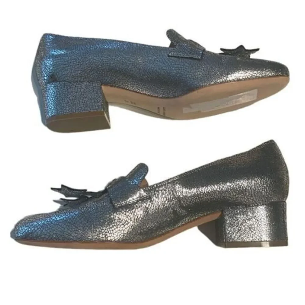 Alberta Ferretti Silver Metallic Loafers Star Tassel 8 IT38‎ Block Heel Italian